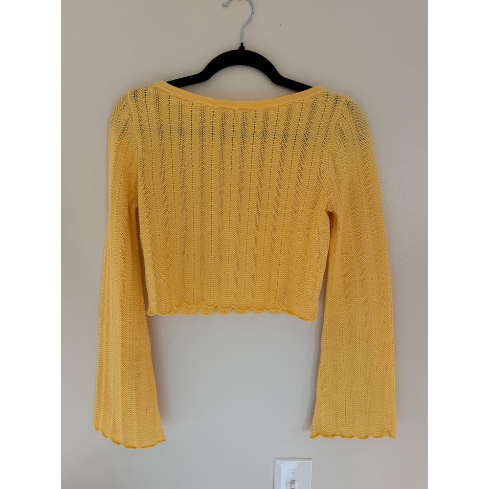 Favorite Daughter Yellow Pointelle Knit Bell Sleeve Crop Sweater Top
